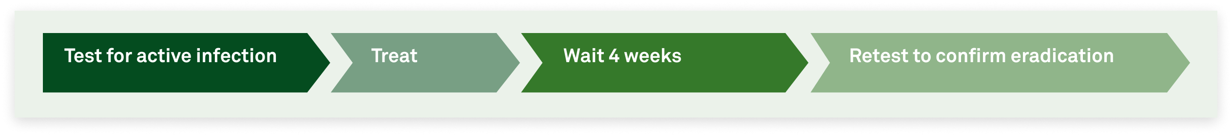 Test for active infection > Treat > Wait 4 weeks > Retest to confirm eradication