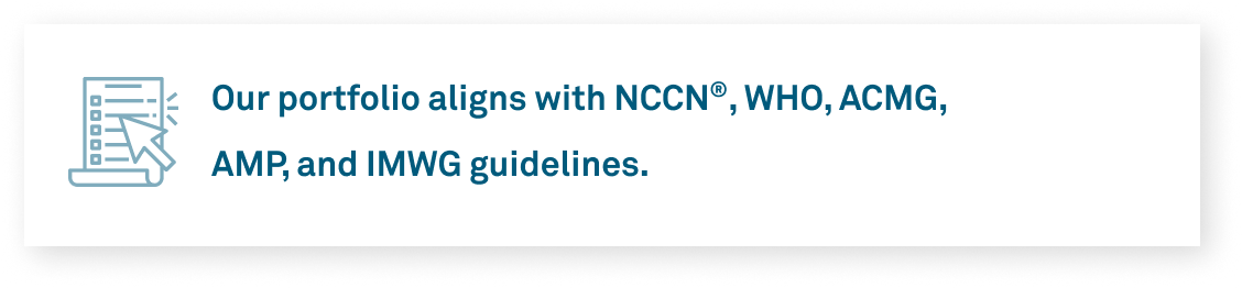 Our portfolio aligns with NCCN®, WHO, ACMG, AMP, and IMWG guidelines.