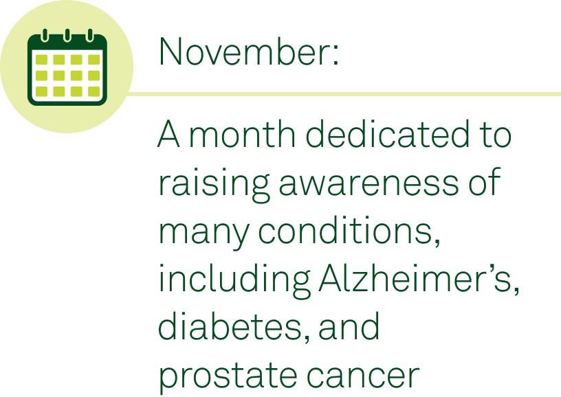 November: A month dedicated to raising awareness of many conditions, including Alzheimer’s, diabetes, and prostate cancer